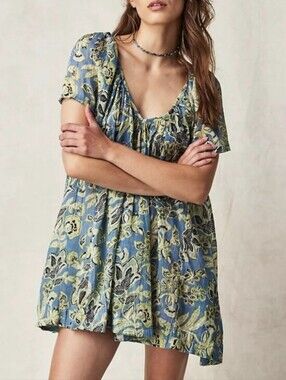 Free People Kauai Getaway Tunic Mini Dress Oversized Small Ocean Combo Print EUC